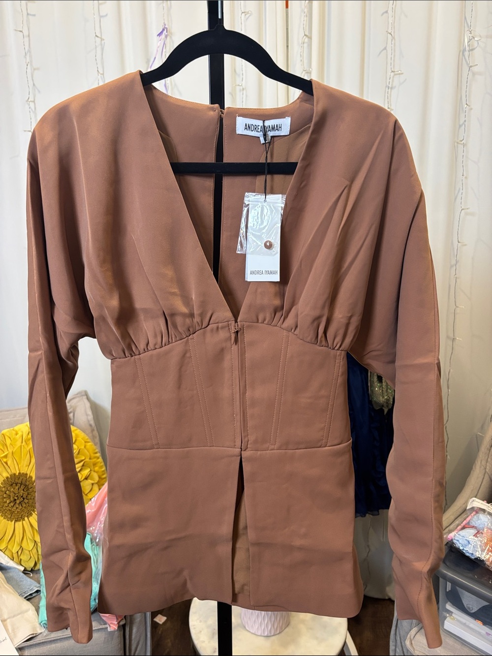 Andrea Iyamah Copper-Brown Long Sleeve V-Neck Mini Dress